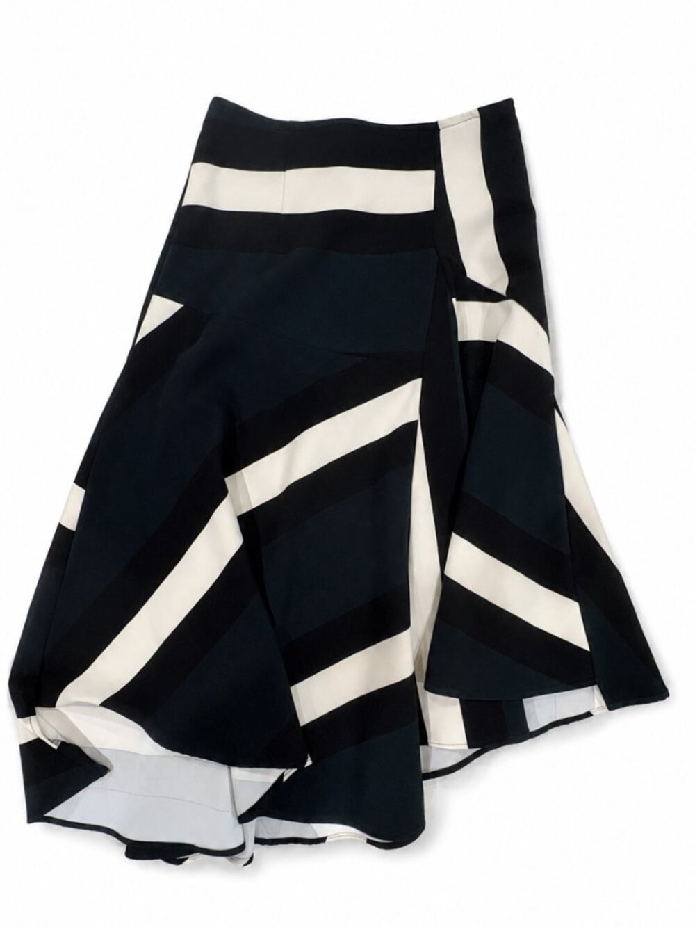 Anthropologie Size 6 Black, Ivory and Green Striped Asymmetrical Midi Skirt